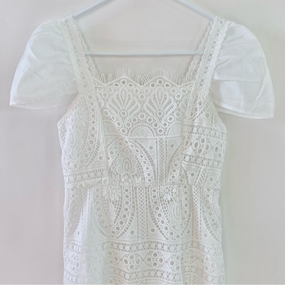 Dreamy White Lace Square Neck Puff Sleeve High Waist Bodycon Mini Dress Petite 2 - Picture 7 of 12